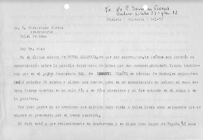 Correspondencia: Ramón Serrano Vicente a Victoriano García Gasco (09/01/1973)