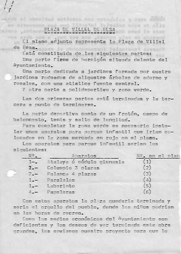 Solicitud a la Caja de Ahorros Provincial de material infantil para instalar en la plaza de Villel de Mesa